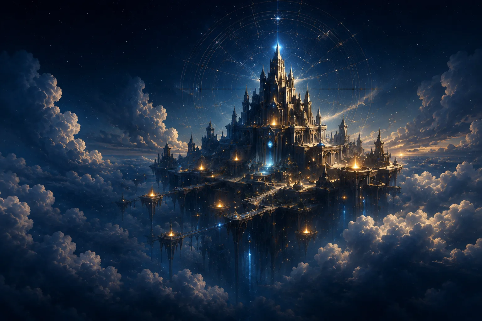The Citadel lit by moonlight above the clouds