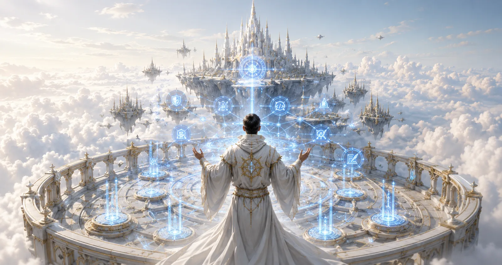 A wizard directing the Citadel's network of services above the clouds
