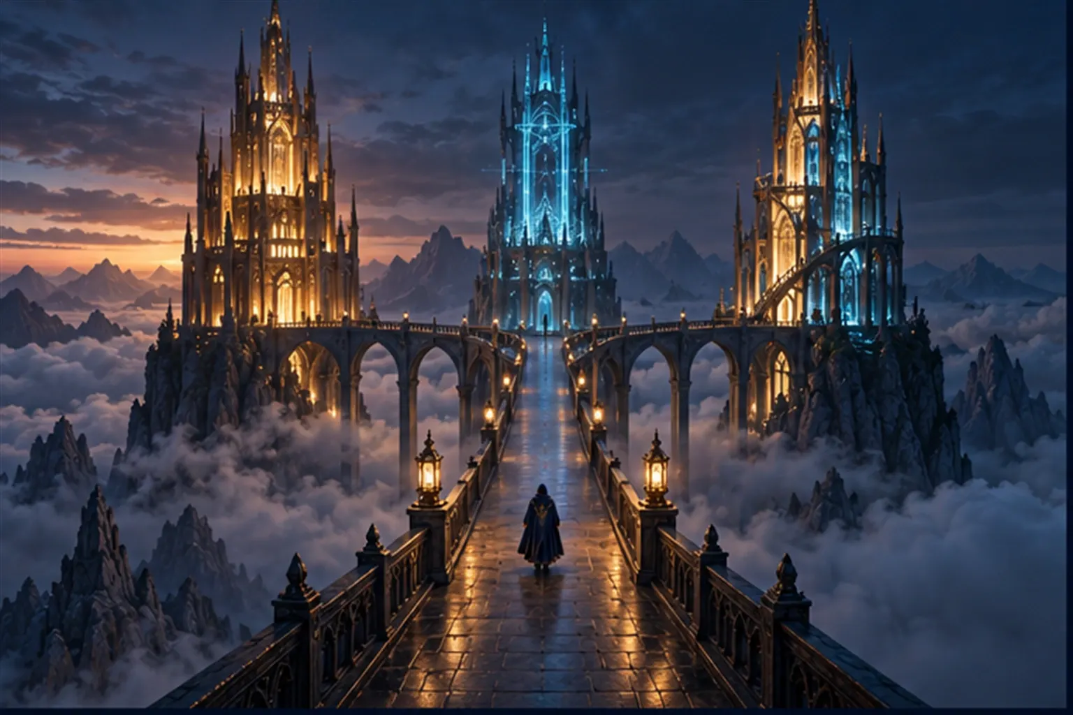 A tiny cloaked figure seen from behind on a stone bridge joining three spires, lit gold, cyan and both, above a sea of cloud.