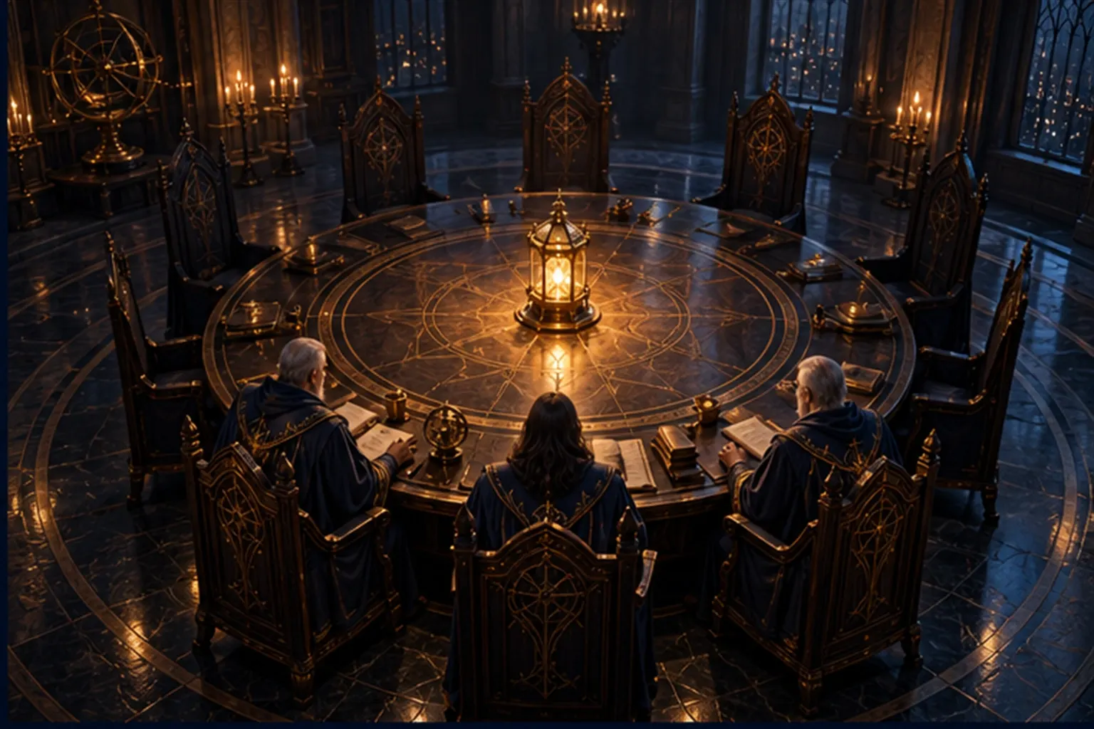 Overhead view of a council table with three robed Wizards from behind among empty chairs and a golden lantern at its centre.
